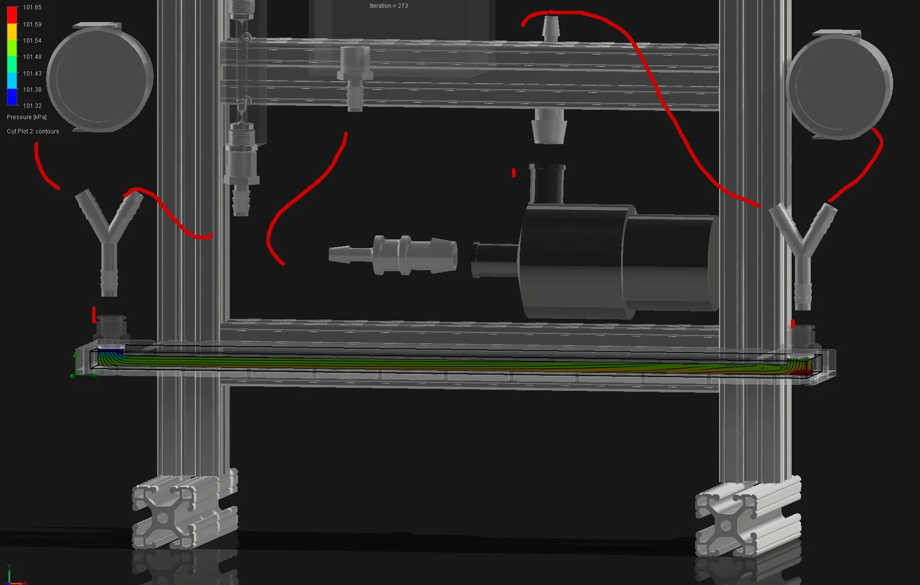 Minimal pressure drop across cold plate (simulated in Solidworks Flow Sim)